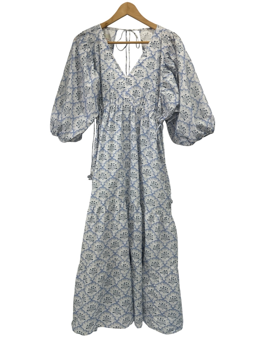 Smockingbird Blue Block Print Cotton Cottagecore Puff Sleeve Maxi Dress - S